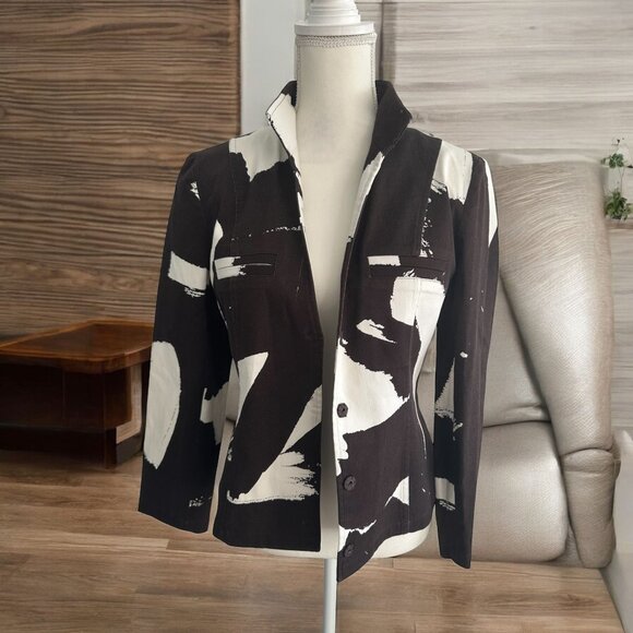 ELLEN TRACY Company Brown White Print Blazer Jacket Size 8 - Picture 1 of 8